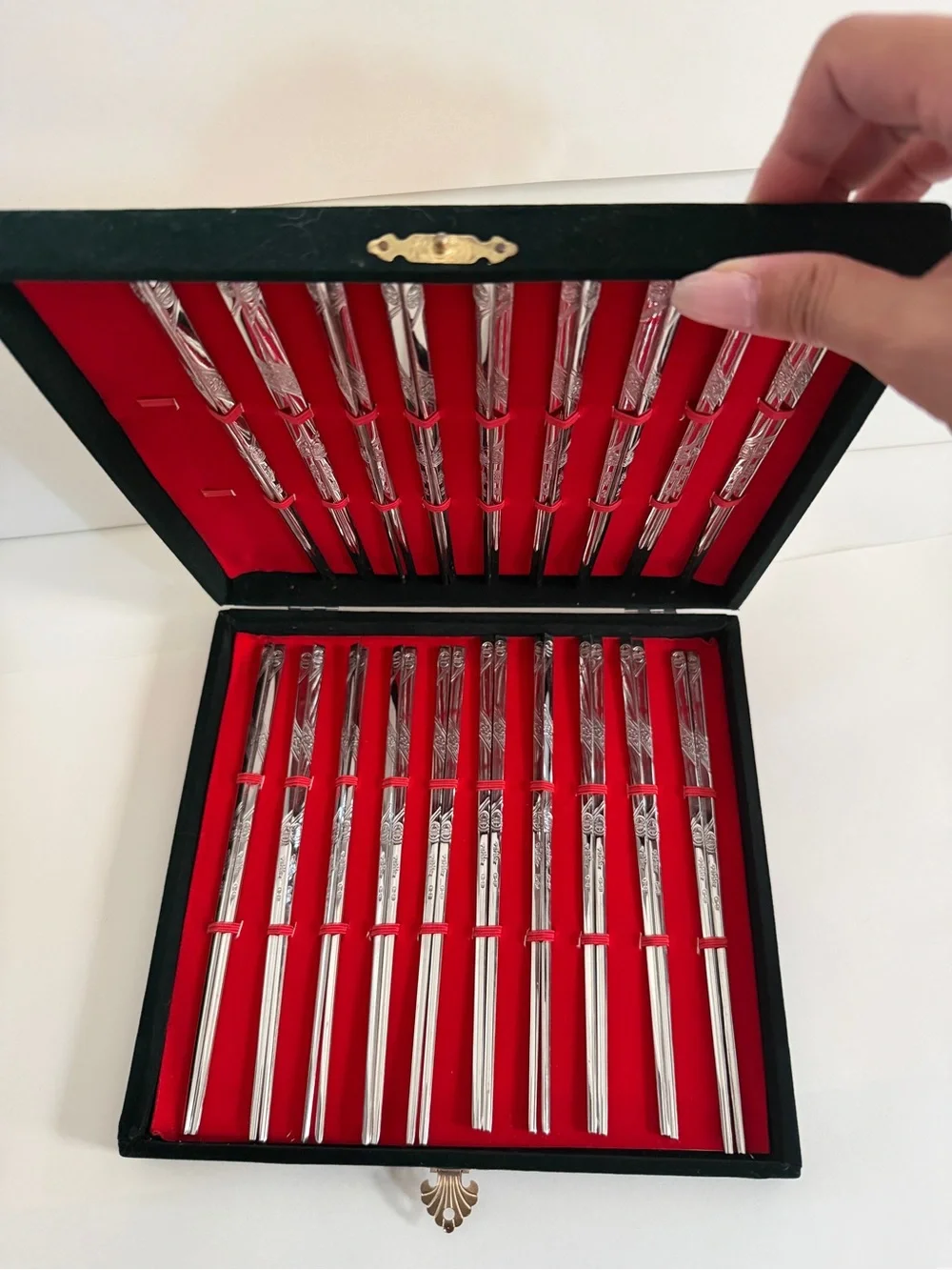 Korean Silver Metal Chopstick Set with Red Velvet Case